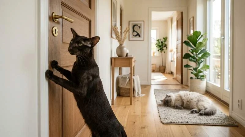 Eine Katze kratzt fordernd an einer geschlossenen Tür, während eine zweite Katze sie gelassen ignoriert.
