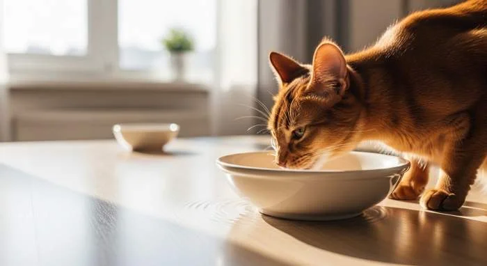 Eine Katze trinkt aus einer flachen, breiten Wasserschale getrennt vom Futter