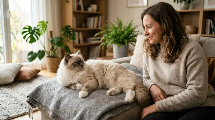 Birma Katze entspannt neben ihrem Besitzer