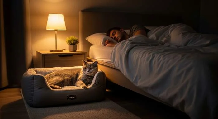 Eine getigerte Katze schläft zusammengerollt auf dem Kopf einer Person, nur die Pfoten und der Schwanz sind sichtbar.