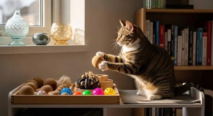 Katze jagt ein sicheres Spielzeug auf einem Kratzbaum, statt Dinge vom Tisch zu stoßen.
