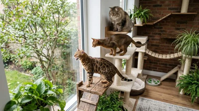 Drei Katzen schnattern am Fenster, während sie konzentriert Vögel im Garten beobachten