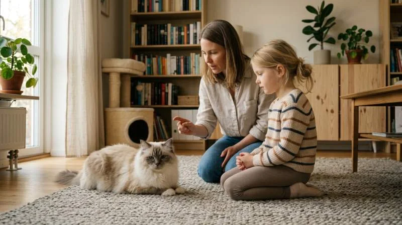 Kind beobachtet respektvoll die Körpersprache einer Katze