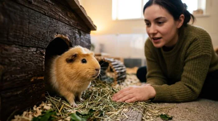 Meerschweinchen verlässt nachts zögerlich sein Versteck, mögliches Alarmsignal für Schmerz oder Angst