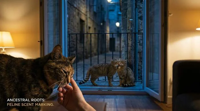 Eine getigerte Hauskatze drückt zärtlich ihren Kopf gegen die Hand ihres Besitzers, ein Zeichen von Vertrauen und Zuneigung.