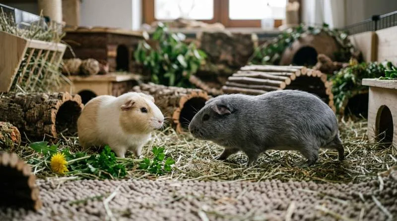 Meerschweinchen begegnen sich im Gehege aufmerksam