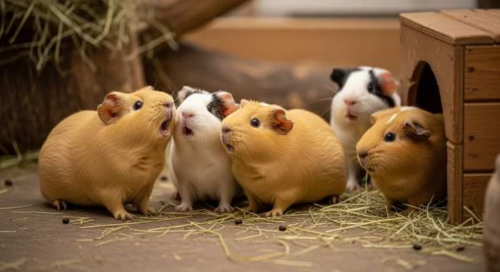 Meerschweinchen hebt den Kopf und öffnet das Maul zu einem lauten Quieken