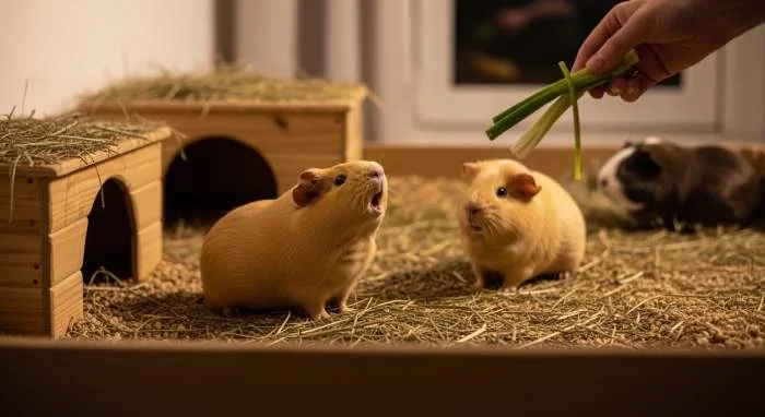 Meerschweinchen mit aufgerichtetem Kopf beim lauten Quieken und Pfeifen als Kommunikationssignal