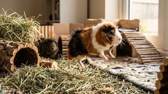 Meerschweinchen springt beim Popcornen verspielt in die Luft, typisches Freudenverhalten bei Nagetieren