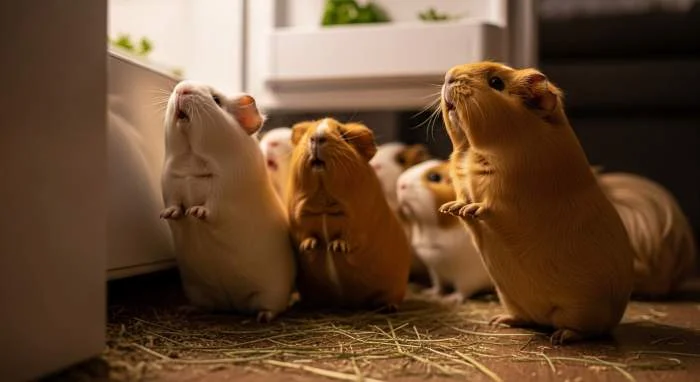 Meerschweinchen reckt den Kopf und pfeift laut, signalisiert seinem Menschen einen Kontaktruf
