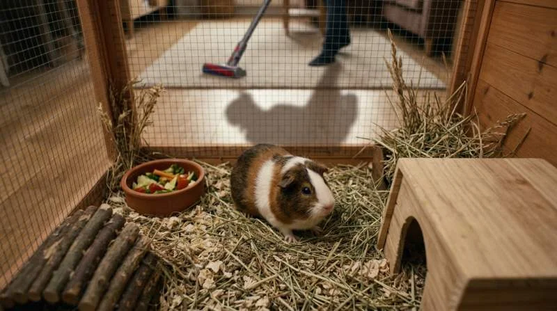 Meerschweinchen zeigt Schockstarre: regungslos, Ohren gespitzt, Augen starr als natürlicher Überlebensmechanismus