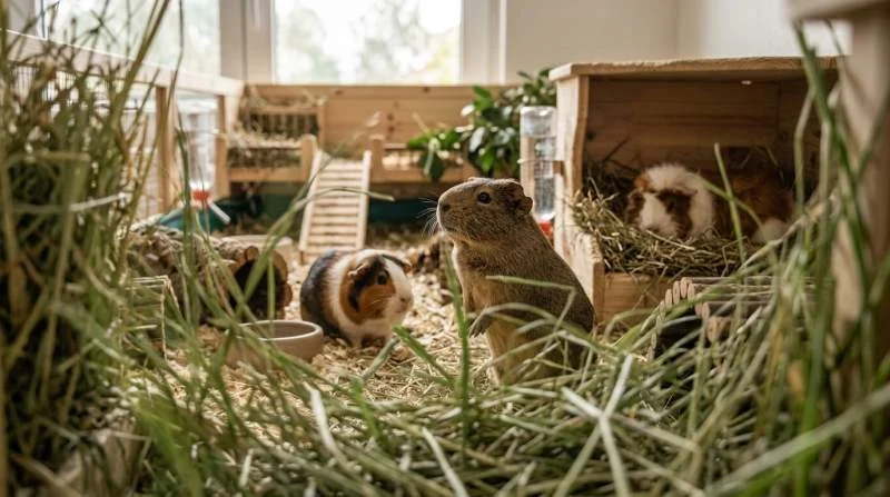 Meerschweinchen zeigen angespannte Körpersprache im Gehege