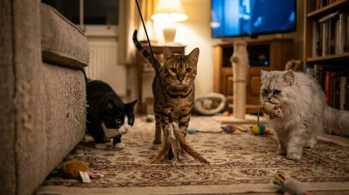 Graue Katze mit einem Stoffmaus Spielzeug im Maul auf einem gemachten Bett