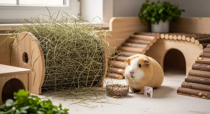 Ein gesundes Meerschweinchen frisst Heu als Hauptnahrung in seinem Käfig, um die Verdauung zu fördern