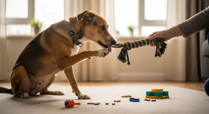 Hund mit Spielzeug abgelenkt, um Pfotenlecken zu unterbrechen - Tipp gegen übermäßiges Lecken