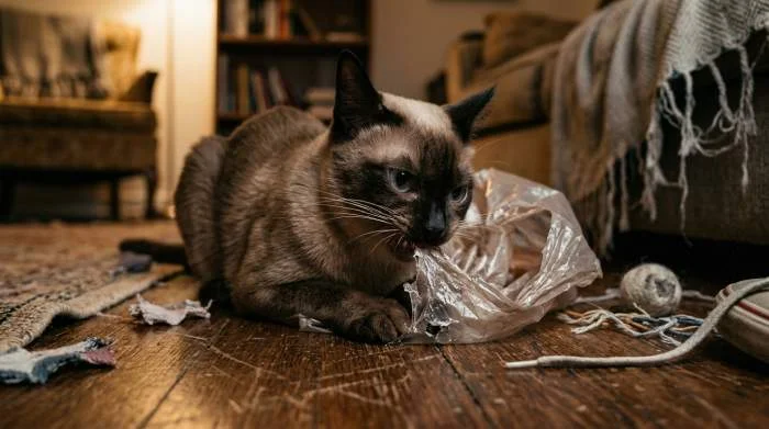 Katzenkopf mit geöffnetem Maul, der an einer Plastiktüte kaut
