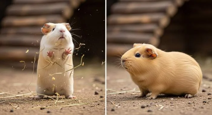 Ein Meerschweinchen springt beim Popcornen freudig in die Luft, Ausdruck purer Lebensfreude und Gegenteil des gutturalen Brummens