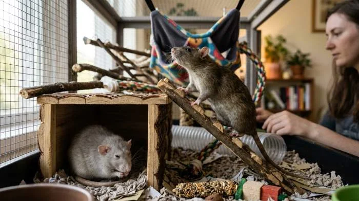 Farbratte sitzt ruhig im Versteck
