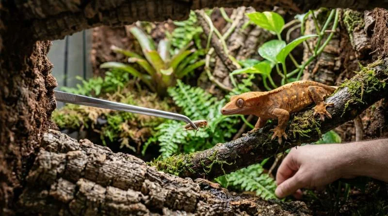 Gecko mit gespitzten Augen fixiert die Futterpinzette mit einer Heuschrecke, Fütterungssignal erkannt