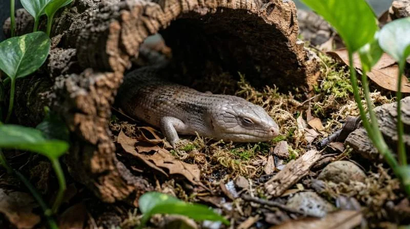Blauzungenskink kurz vor der Häutung mit stumpfer, matter Haut und geschlossenen Augen auf einem Ast ruhend
