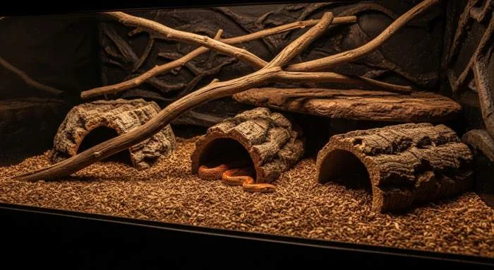 Schlange ruht ungestört in ihrem Versteck in einem naturnahen Terrarium mit Moos und Rinde
