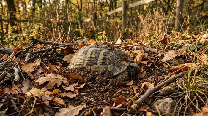 Schildkröte gräbt sich unter Herbstlaub ein