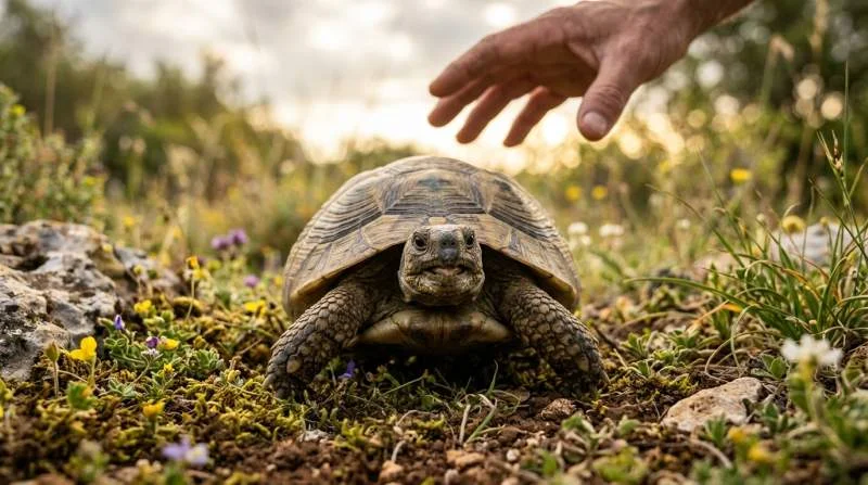 Griechische Landschildkröte faucht bei Annäherung als typisches Abwehrsignal aus Angst oder Stress