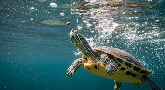Wasserschildkröte streckt blitzschnell den Hals aus dem Wasser, um ein schwimmendes Futterpellet präzise zu orten und zu fangen.
