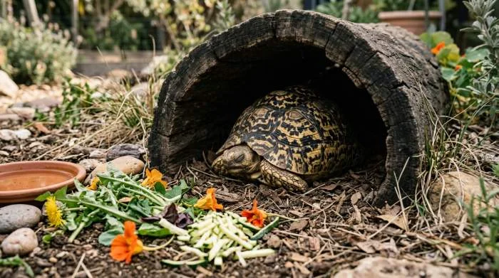 Schildkröte ruht nach dem Fressen im Versteck