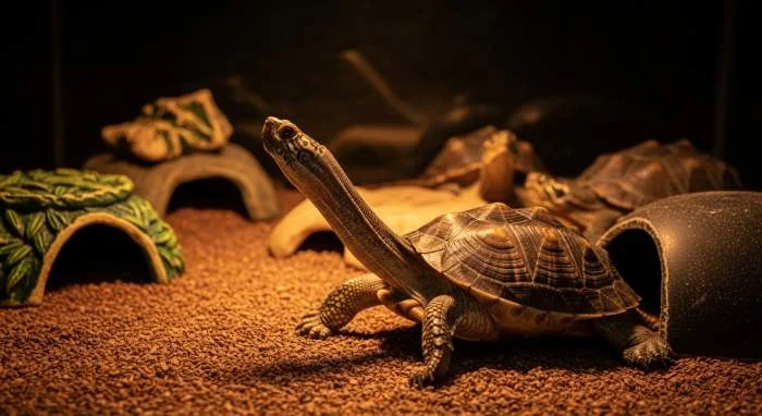 Gestresste Schildkröte mit angespannter Körperhaltung und ausgestrecktem Hals