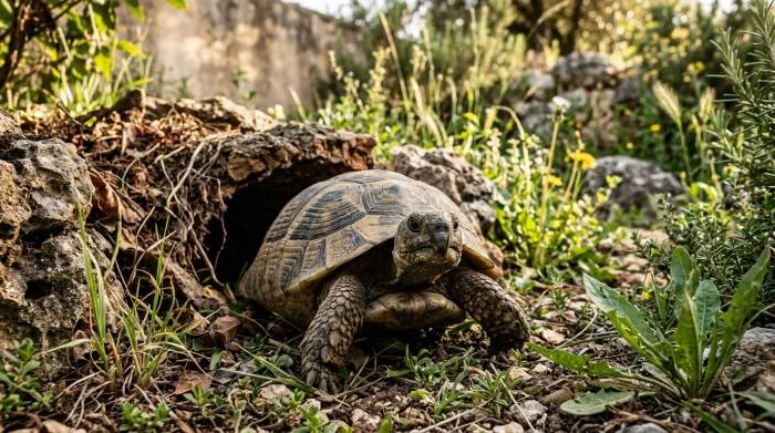 Schildkröte verlässt langsam ihr Versteck