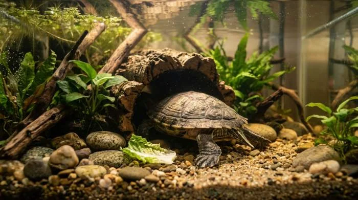 Schildkröte verschwindet nach dem Fressen im Versteck