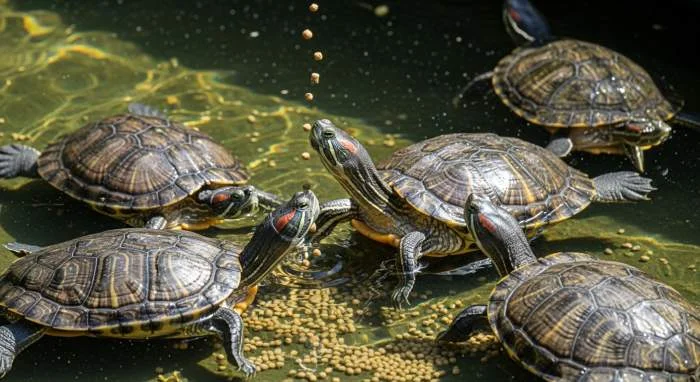 Schildkröten strecken beim Fressen ihre Hälse, um Futter zu erreichen und ihre Position gegenüber Artgenossen zu behaupten.