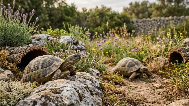 Zwei Landschildkröten: eine mit eingezogenem Kopf zeigt Stress, die andere entspannt mit ausgestrecktem Hals