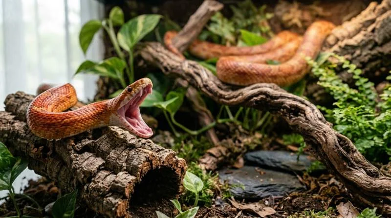 Kornnatter gähnt kurz im Terrarium