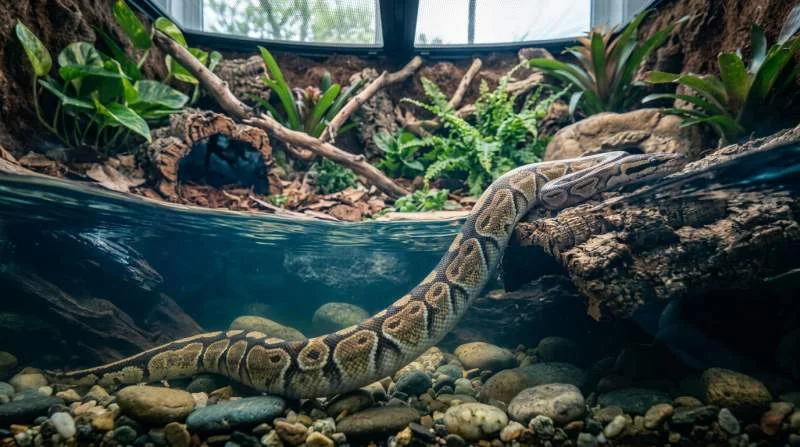 Königspython mit trüben Augen und matter Haut liegt während der Häutung stundenlang im Wasserbecken
