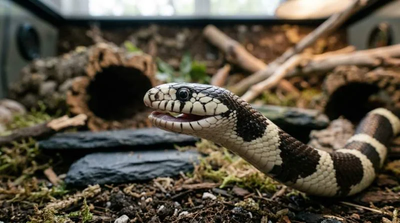 Königsnatter öffnet entspannt ihr Maul im Terrarium