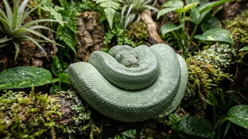 Schlange mit milchig-trüben Augen und matter, fahler Haut vor der Häutung im Wasserbecken