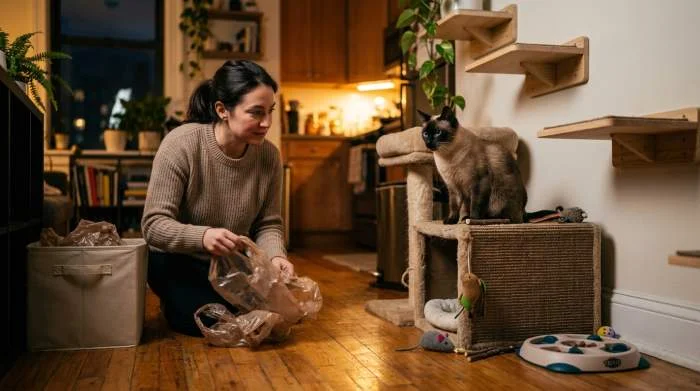 Nahaufnahme einer Katze, die ein Stück Plastiktüte im Maul hält