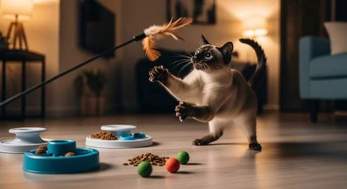 Eine Katze stößt einen Schlüssel mit der Pfote über die Tischkante.