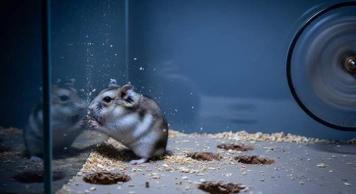 Hamster gräbt Tunnel im Einstreu, entspanntes Buddeln mit kurzen Pausen, natürliches Verhalten ohne Stressanzeichen