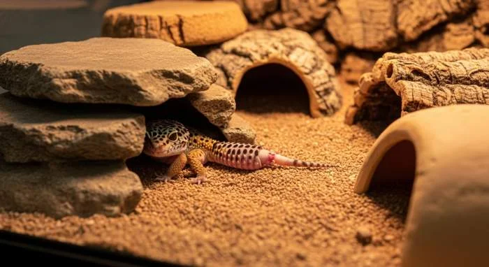 Gecko mit abgeworfenem Schwanz auf trockenem Terrarium-Substrat zur Wundheilung