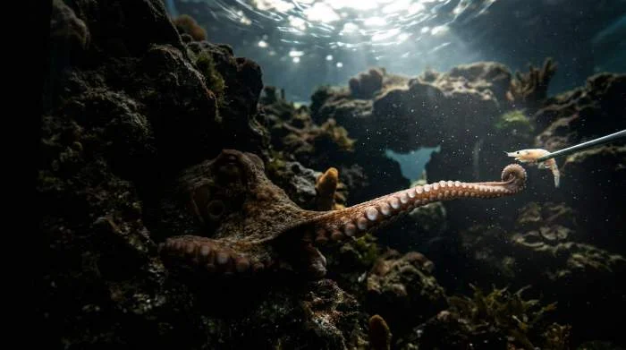Helles Licht löst bei Tintenfischen im Aquarium Rückzugsverhalten aus, sie verstecken sich hinter Deko