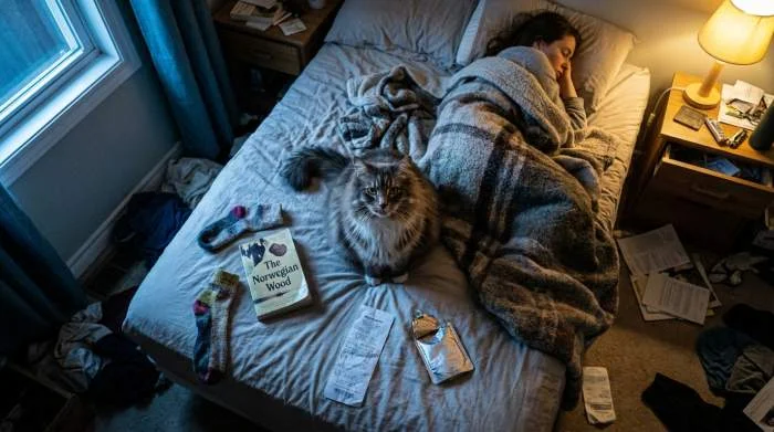 Eine graue Hauskatze bringt ein plüschiges Mausspielzeug ins Bett und legt es vor ihrem Besitzer ab.