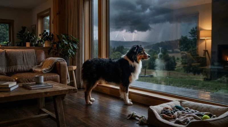 Australian Shepherd hebt aufmerksam den Kopf und spürt das nahende Gewitter, Ohren gespitzt