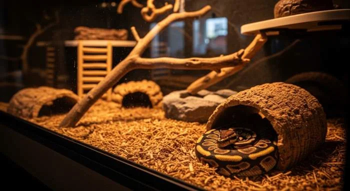 Königsnatter in einer Holzhöhle zusammengerollt, mit nur dem Kopf sichtbar. Versteckverhalten zeigt Stress oder Häutungsphase.