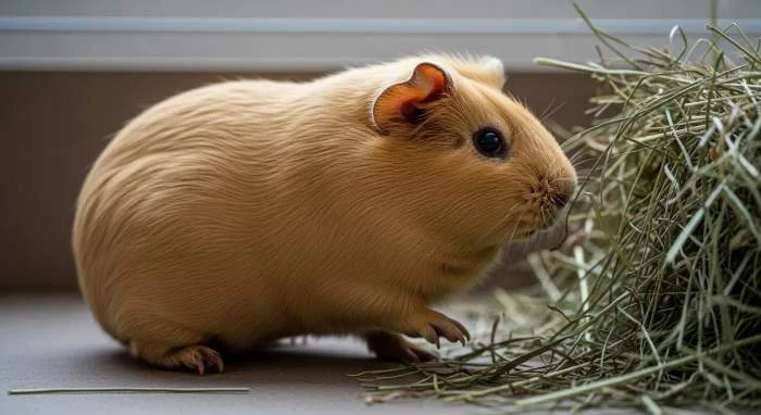 Meerschweinchen in Schockstarre: angespannte Haltung, aufgerichtete Ohren und verlangsamte Bewegungen.