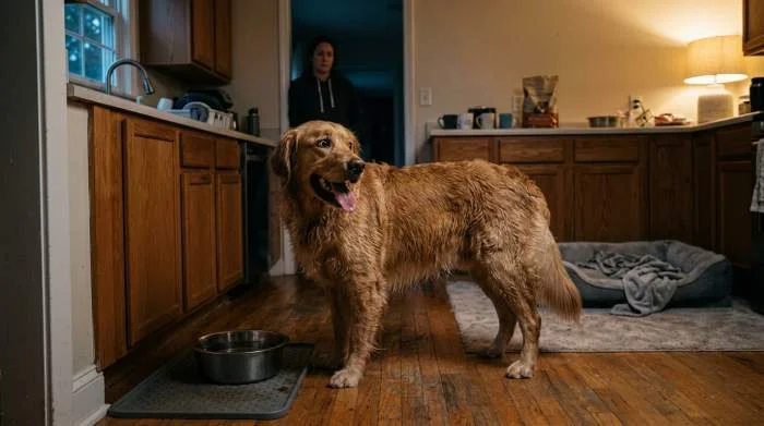 Hund steht nachts neben Wassernapf
