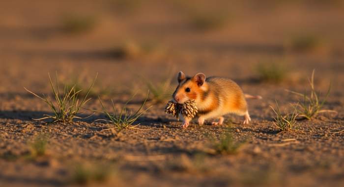 Hamster mit prall gefüllten Backentaschen auf Nahrungssuche in der Steppe