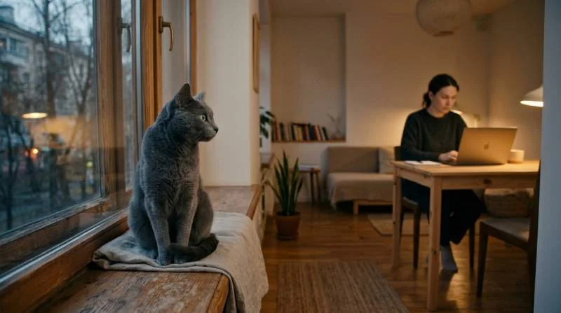 Wohnungskatze vor Laptop sitzend, sucht Aufmerksamkeit ihres Besitzers am Samstagmorgen
